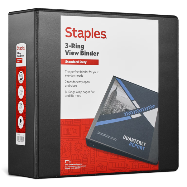 Staples® Standard 4" 3 Ring View Binder with D-Rings, Black (26357-CC)