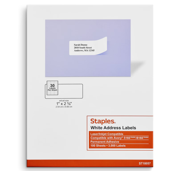 Staples® Laser/Inkjet Address Labels, 1" x 2 5/8", White, 30 Labels/Sheet, 100 Sheets/Pack, 3000 Labels/Box (ST18057-CC)