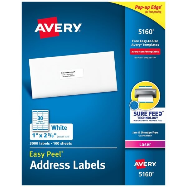 Avery Easy Peel Laser Address Labels, 1" x 2-5/8", White, 3,000 Labels/Box (5160)