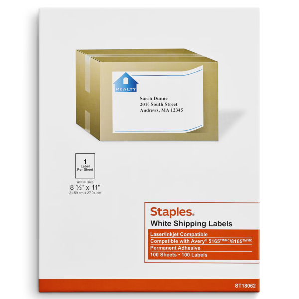 Staples® Laser/Inkjet Shipping Labels, 8 1/2" x 11", White, 1 Label/Sheet, 100 Sheets/Box (ST18062-CC)