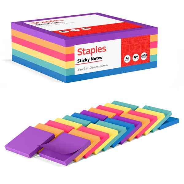 Staples Notes, 3" x 3", Sorbet Collection, 100 Sheet/Pad, 24 Pads/Pack (S-33BO24)