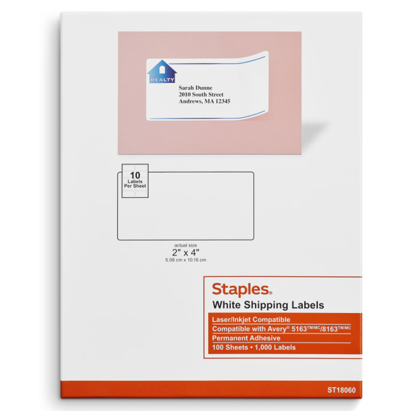 Staples® Laser/Inkjet Shipping Labels, 2" x 4", White, 10 Labels/Sheet, 100 Sheets/Pack, 1000 Labels/Box (ST18060-CC)