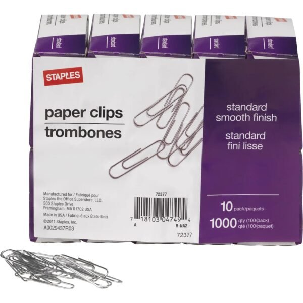 Staples® #1 Size Smooth Paper Clips, Silver, 100/Box, 10 Boxes/Pack (A7026607/72377)