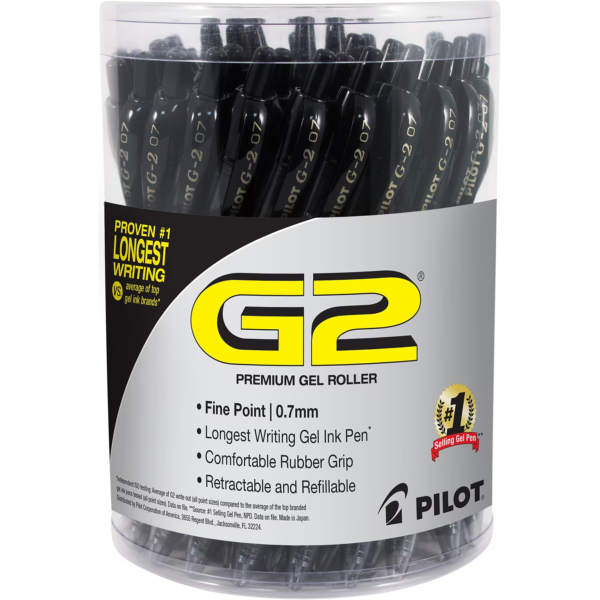 Pilot G2 Retractable Gel Pens, Fine Point, 0.7mm, Black Ink, 36/Pack (84065)