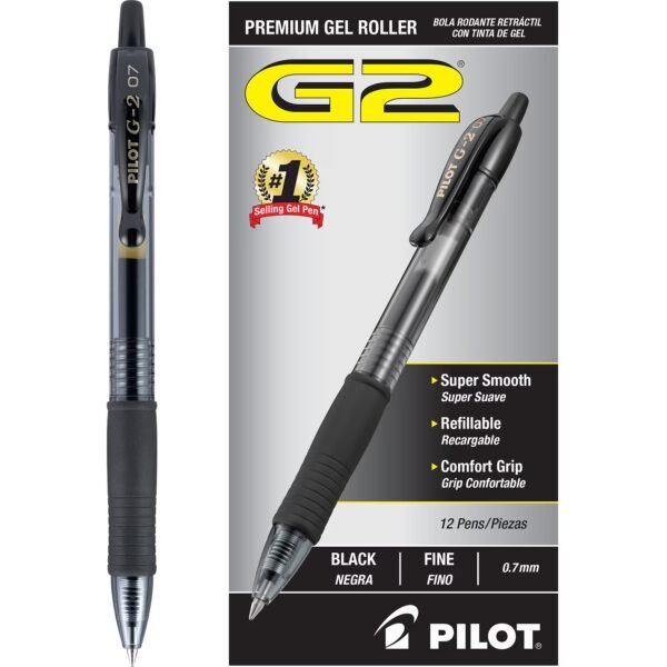 Pilot G2 Retractable Gel Pens, Fine Point, 0.7mm, Black Ink, Dozen (31020)