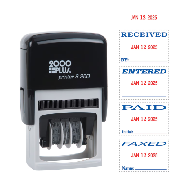 2000 Plus Printer S 260 Faxed, Paid, Received, Entered Rectangle Date Stamps, Blue and Red Ink (065005)